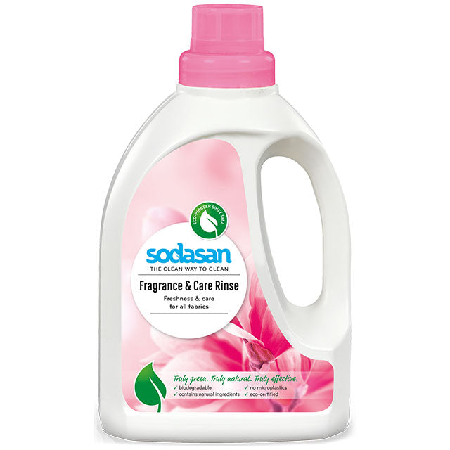 Sodasan Fragrance and Care Rinse in a recycled plastic bottle with a pink screw top lid