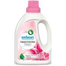 Sodasan Fragrance and Care Rinse in a recycled plastic bottle with a pink screw top lid