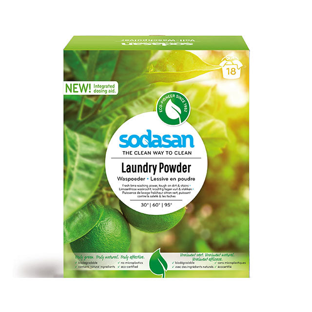 Sodasan Laundry Powder with Lime  is in a bag in a box 