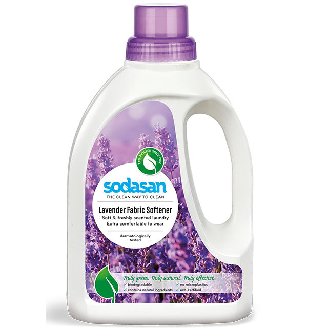 Sodasan lavender Fabric Softener is in a White recycled plastic bottle with a lavender coloured screw top lid.