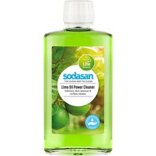 Sodasan Lime Oil Power Cleaner in a clear glass bottle with a screw top lid 