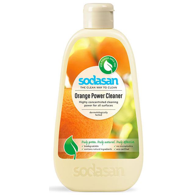 Sodasan Orange Power Cleaner in a recycle plastic bottle with a flip cap 