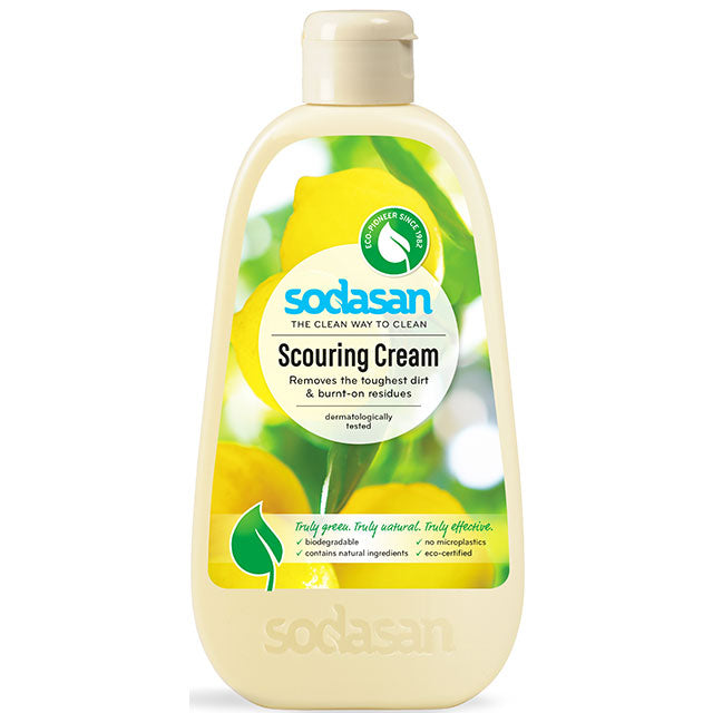 Sodasan Scouring Cream in a recycled plastic bottle with a flip cap