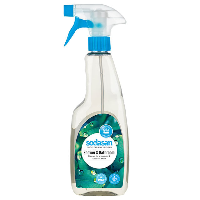 Sodasan Shower and Bathroom Cleaner is in a shaped clear recycled plastic bottle with a spray top