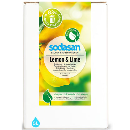 Sodasan Washing Up Liquid Lemon and Lime Refill Bag in a Box  with tap on a white background 
