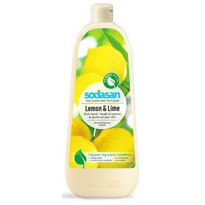 Sodasan Washing Up Liquid Lemon and Lime in a plastic bottle with a flip cap 