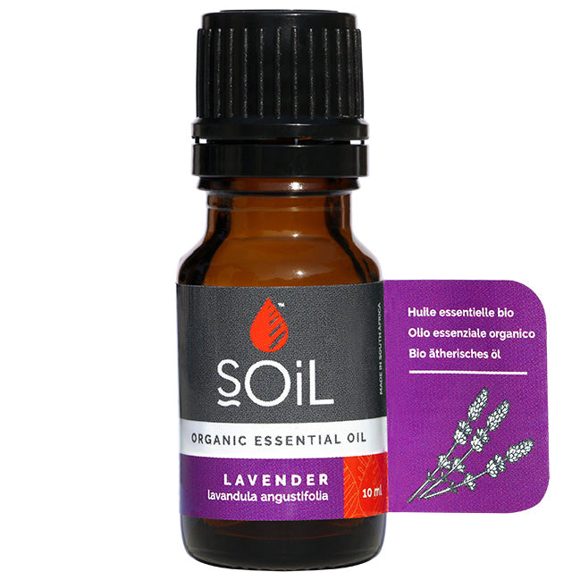 Soil Organic Essential Oil Lavender in a grown glass bottle with a screw top lid