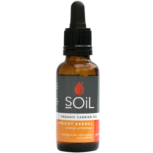 Soil Organic Carrier Oil Apricot Kernal Oil 30ml in a brown glass bottle with a dropper lid