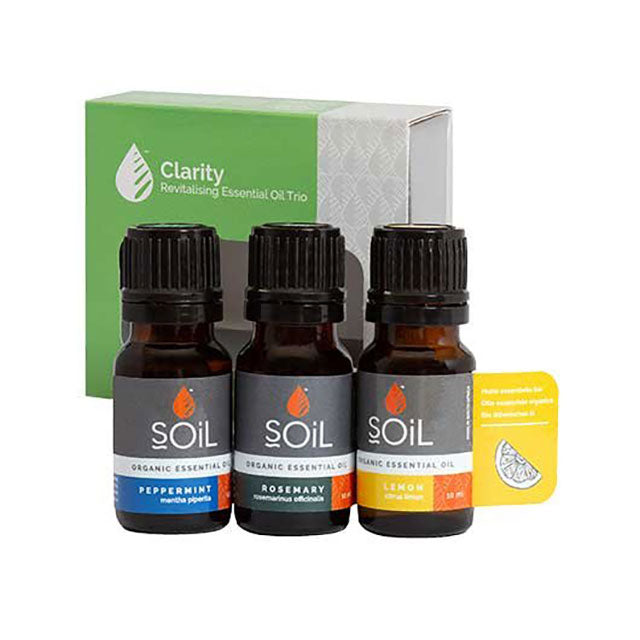Soil Organic Essential Oil Clarity Gift Set contains organic peppermint essential oil, organic rosemary essential oil and organic lemon essential oils in a green and grey box 