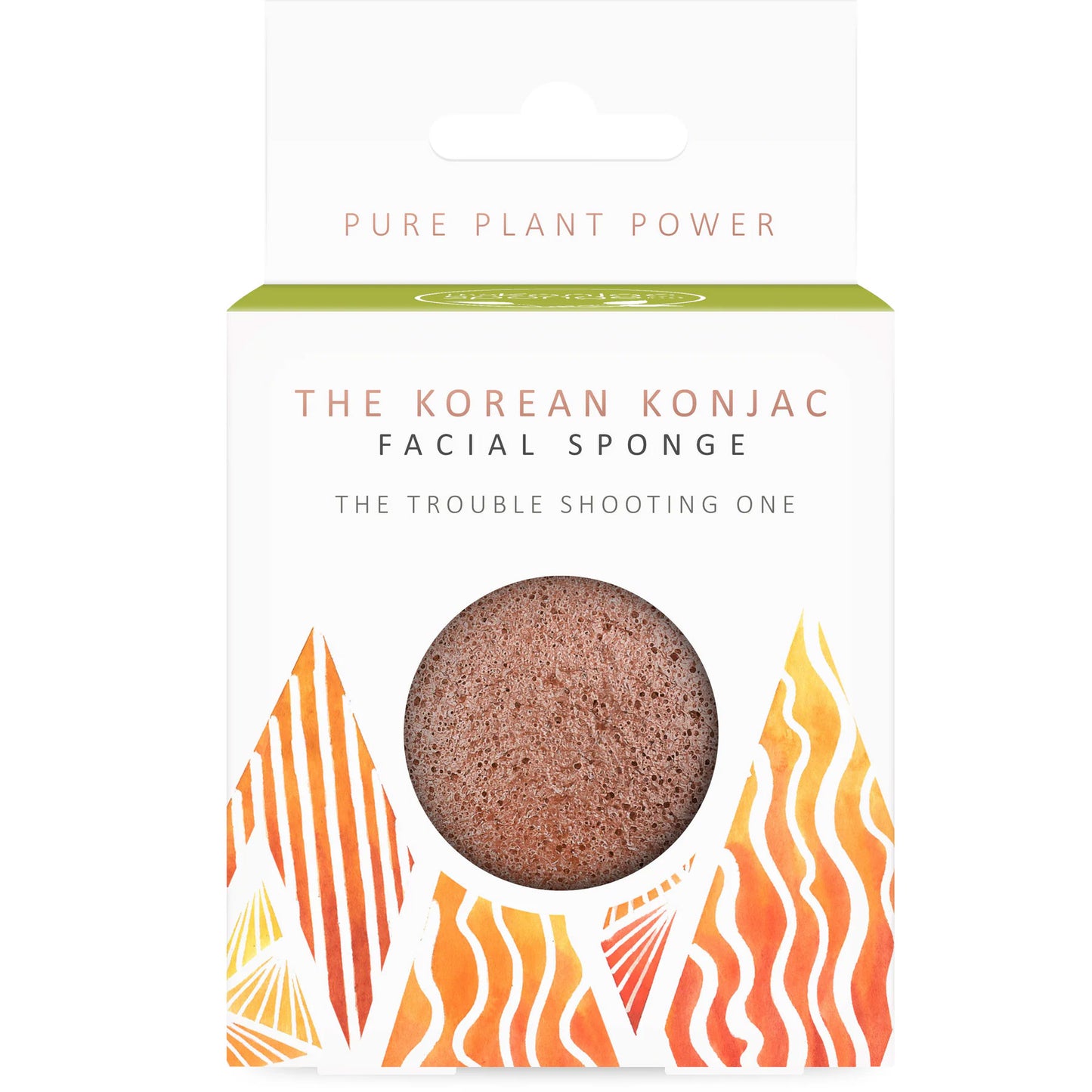 Korean Konjac Facial Sponge with Purifying Jeju Vocanic Scoria in a box with decorative design on a white background