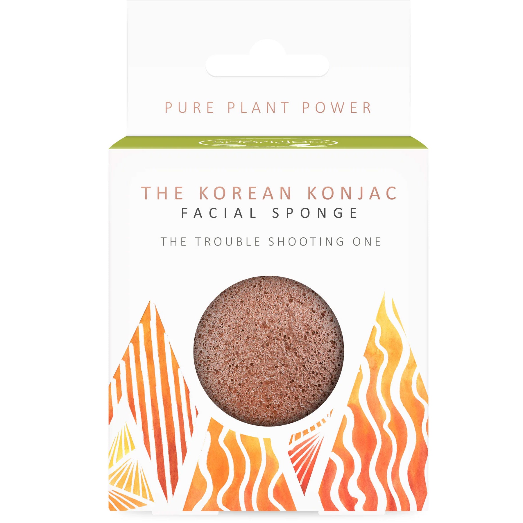 Korean Konjac Facial Sponge with Purifying Jeju Vocanic Scoria in a box with decorative design on a white background