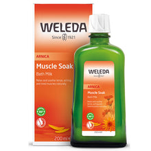 Weleda Arnica Muscle Soak Bath Milk in a green glass bottle in a orange box 