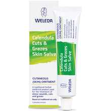 Weleda Calendula Cuts and Grazes Skin Salve in a tube with a screw top lid in a cardboard box.