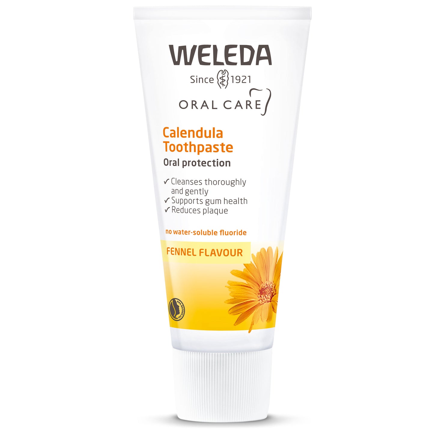 Weleda Calendula Toothpaste is in a white and yellow tube on a white background