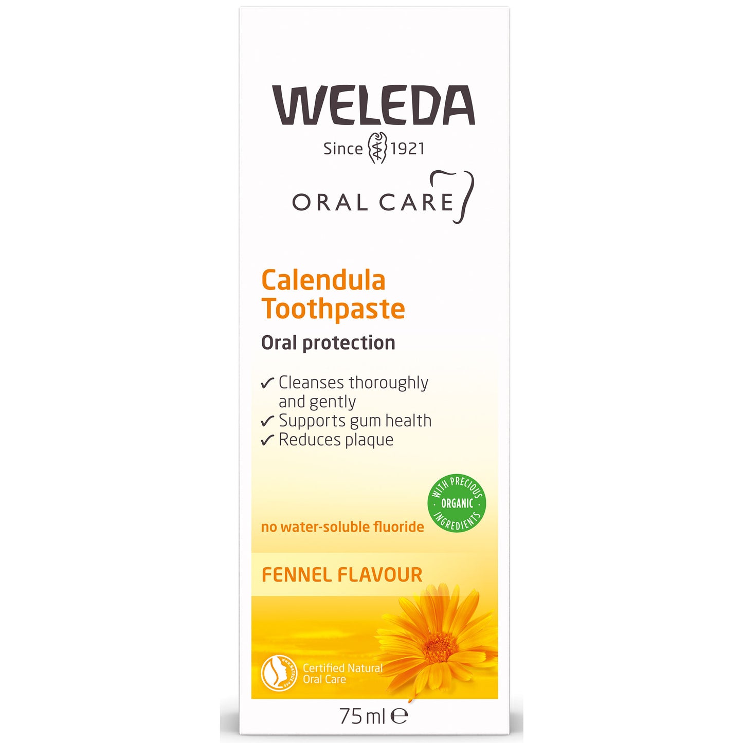 Weleda Calendula Toothpaste is in a white and yellow box on a white background