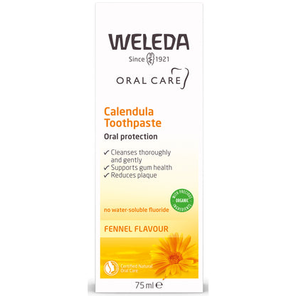 Weleda Calendula Toothpaste is in a white and yellow box on a white background