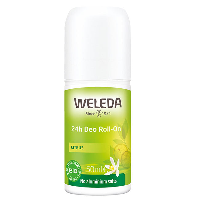 Weleda Citrus 24h Deo Roll On is in a roll on bottle with a green label, on a white background