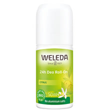 Weleda Citrus 24h Deo Roll On is in a roll on bottle with a green label, on a white background