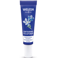 Weleda Contouring Eye and Lip Cream in a blue Tube with white writing  and a white screw top lid, on a white background