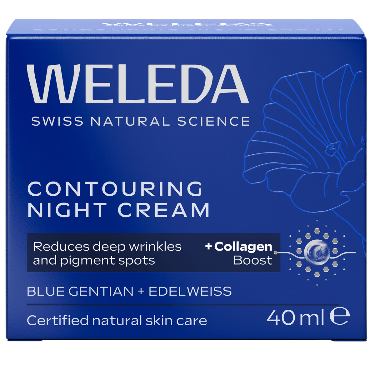 Weleda Contouring Night Cream is in  blue rectangular box featuring white text with a blue gentian flower on a white background