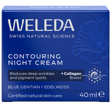 Weleda Contouring Night Cream is in  blue rectangular box featuring white text with a blue gentian flower on a white background
