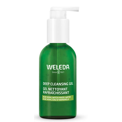 Weleda Deep Cleansing Gel with organic aloe vera and organic witch hazel in a green glass bottle with pump