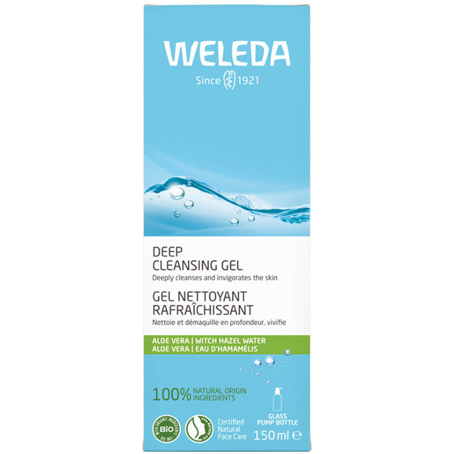 Weleda Deep Cleansing Gel with organic aloe vera and organic witch hazel in a green glass bottle in a biodegradable bo.