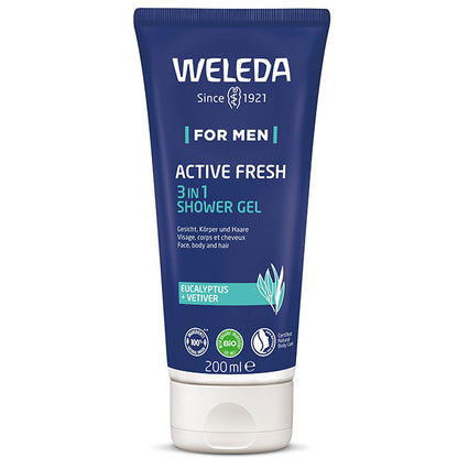 Weleda Fr Men Active Fresh 3 in 1 shower Gel is in a blue tube with a white flip top lid on a white background