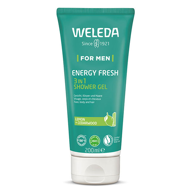 Weleda For Men Energy Fresh 3 in 1 Shower Gel in a light green tube with a white flip lid, on a white background