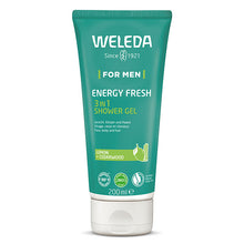 Weleda For Men Energy Fresh 3 in 1 Shower Gel in a light green tube with a white flip lid, on a white background