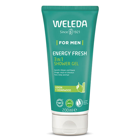 Weleda For Men Energy Fresh 3 in 1 Shower Gel in a light green tube with a white flip lid, on a white background