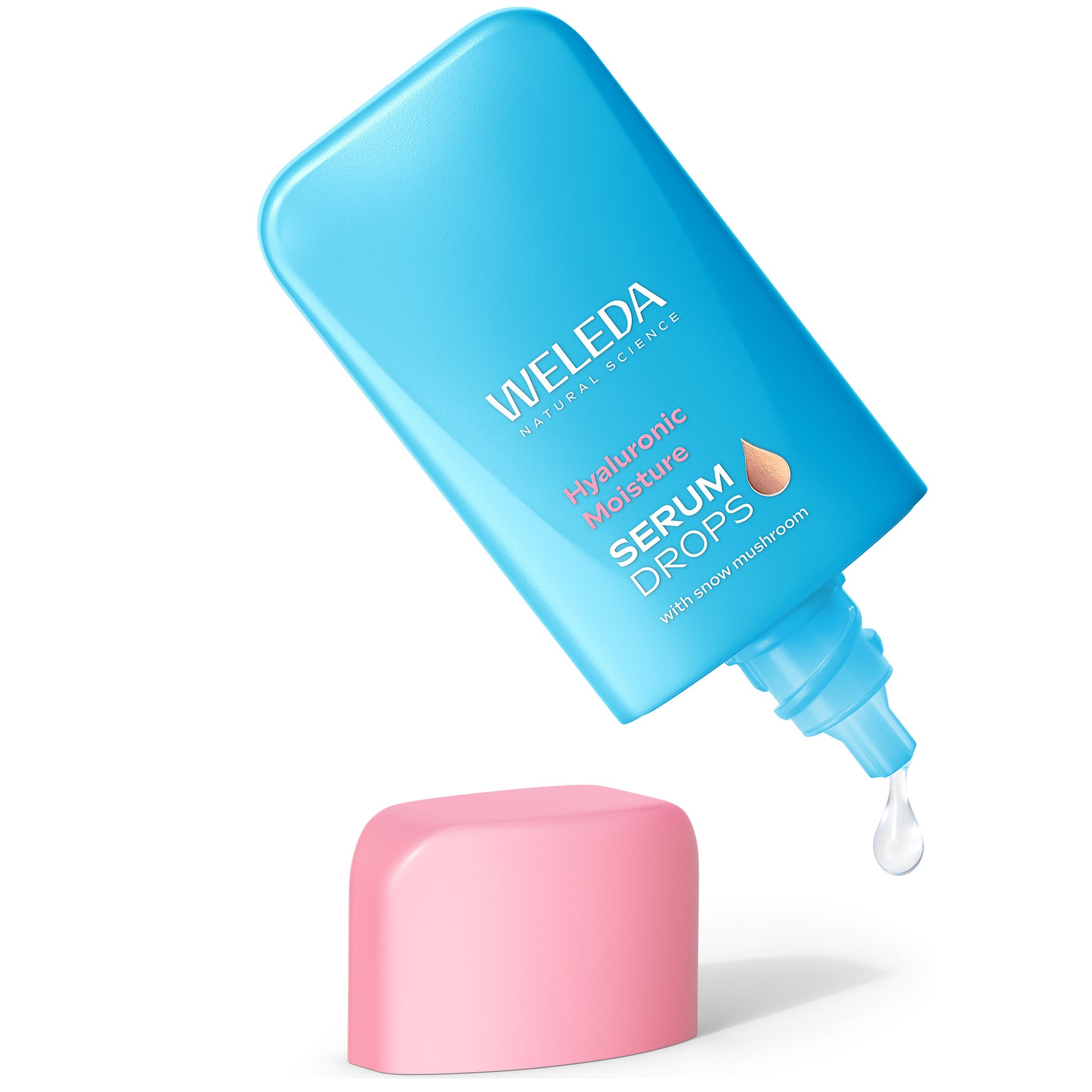 Weleda Hyaluronic Moisture Serum Booster Drops in an open blue bottle showing a drop of serum next to a pink lid. 