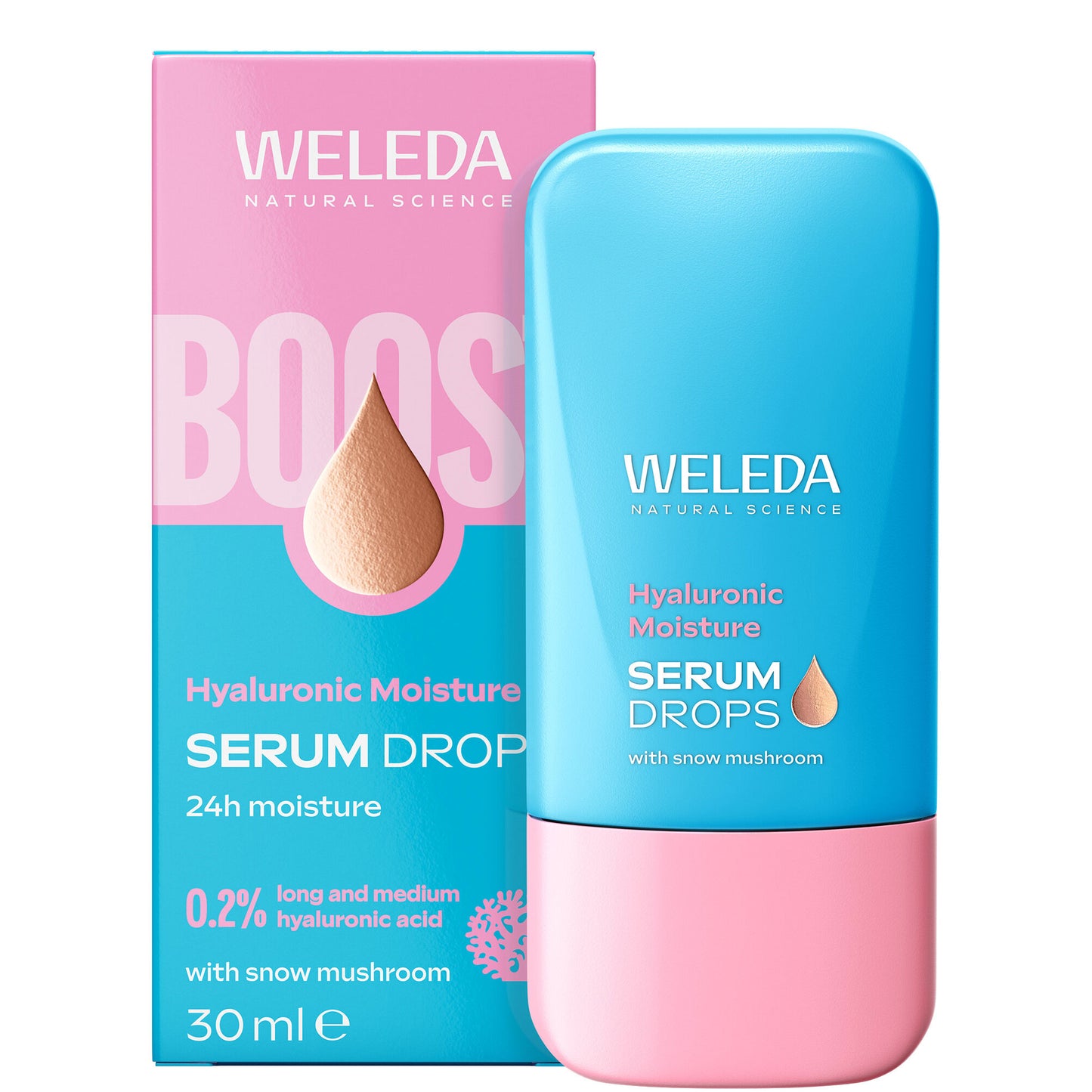 Showing Weleda Hyaluronic Moisture Serum Drops in a blue and pink bottle and box on a white background