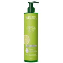 Weleda Hydrating Body Lotion in a green bottle with a pump lid on a white background