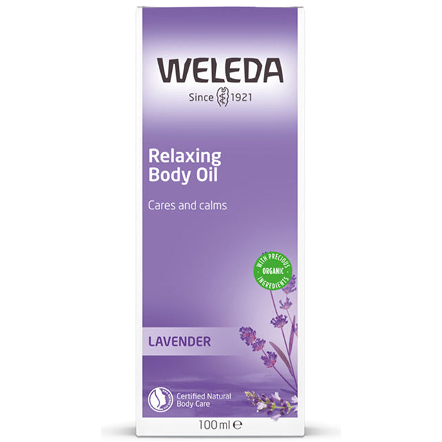 Weleda Relaxing Body Oil Lavender Box with a glass bottle with a pump lid inside 