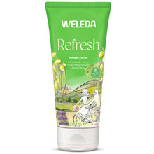 Weleda Refresh Citrus Shower Cream in a green tube on a white background