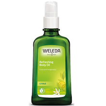 Weleda Refreshing Body Oil Citrus in a glass bottle with a pump lid