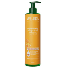 Weleda Regenerating Body Lotion Sea Buckthorn is in a pump bottle on a white background 