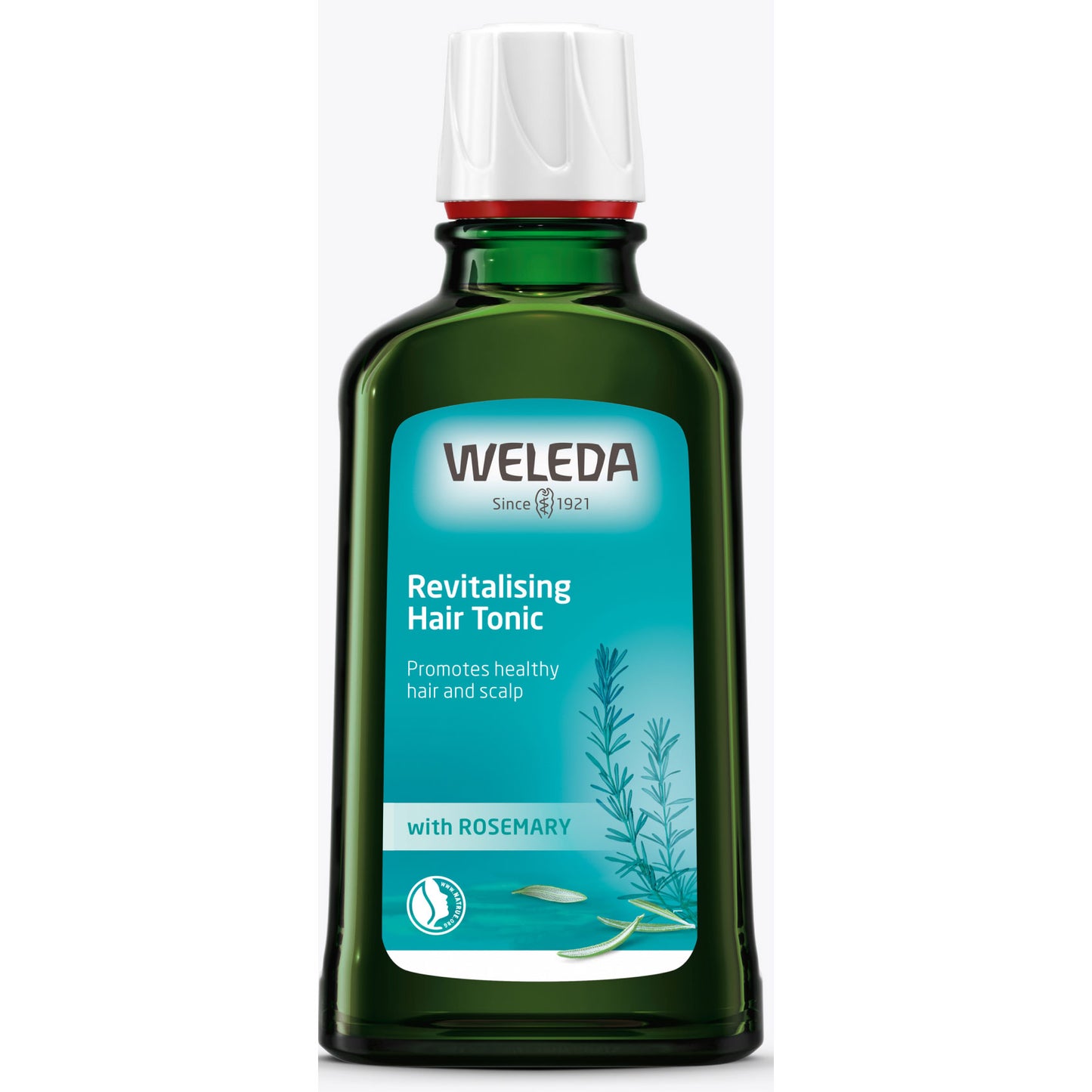 Weleda Revitalising Hair Tonic Bottle with a white screw top lid on a white background