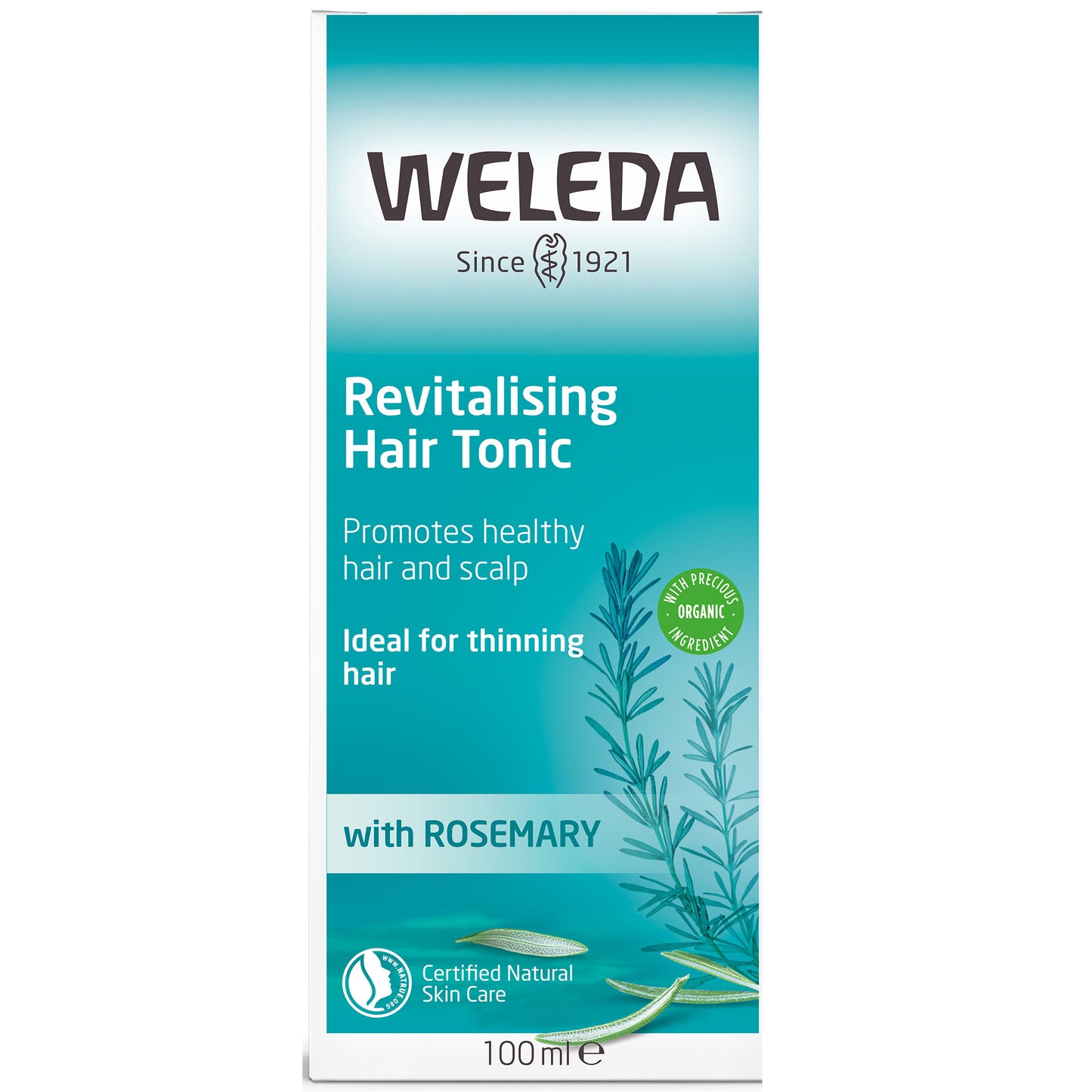 Weleda Revitalising Hair Tonic is in a teal coloured box with a rosemary leaf design on a white background
