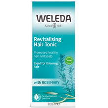 Weleda Revitalising Hair Tonic is in a teal coloured box with a rosemary leaf design on a white background