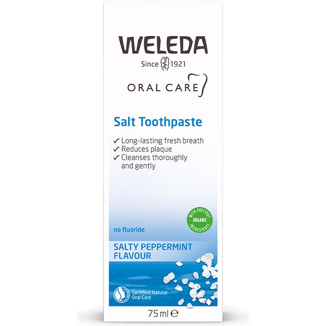 Weleda Salt Toothpaste with a Salty Peppermint Flavour is in a tube in a box 