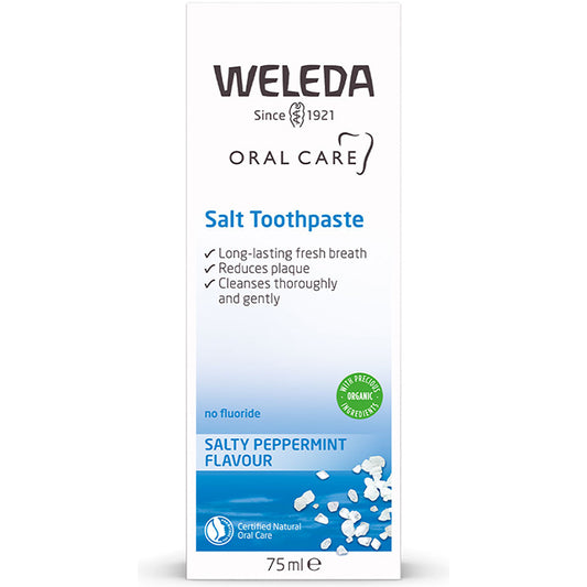 Weleda Salt Toothpaste with a Salty Peppermint Flavour is in a tube in a box 