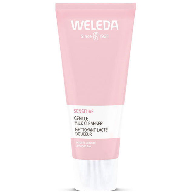 Weleda Sensitive Gentle Milk Cleanser is in a pink and white tube on a white background 