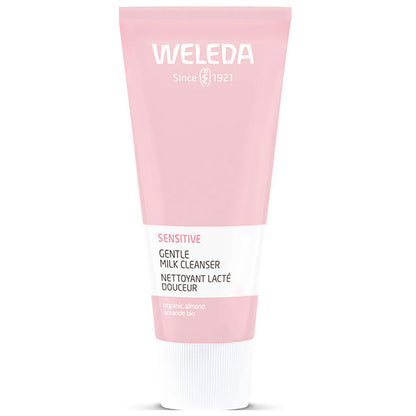 Weleda Sensitive Gentle Milk Cleanser is in a pink and white tube on a white background 