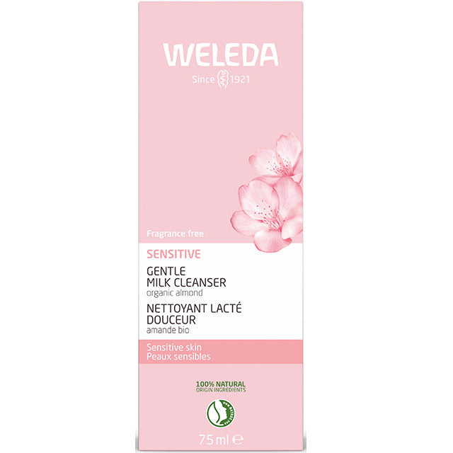 Weleda Sensitive Gentle Milk Cleanser in a pink and white with floral design cardboard box on a white background 