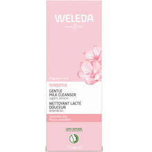 Weleda Sensitive Gentle Milk Cleanser in a pink and white with floral design cardboard box on a white background 