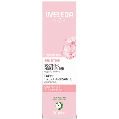 Weleda Sensitive Soothing Moisturiser with organic almond oil fragrance free in a cardboard box 