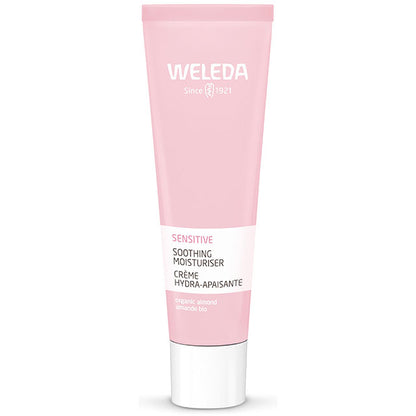 Weleda Sensitive Soothing Moisturiser in a  pink tube on a white background