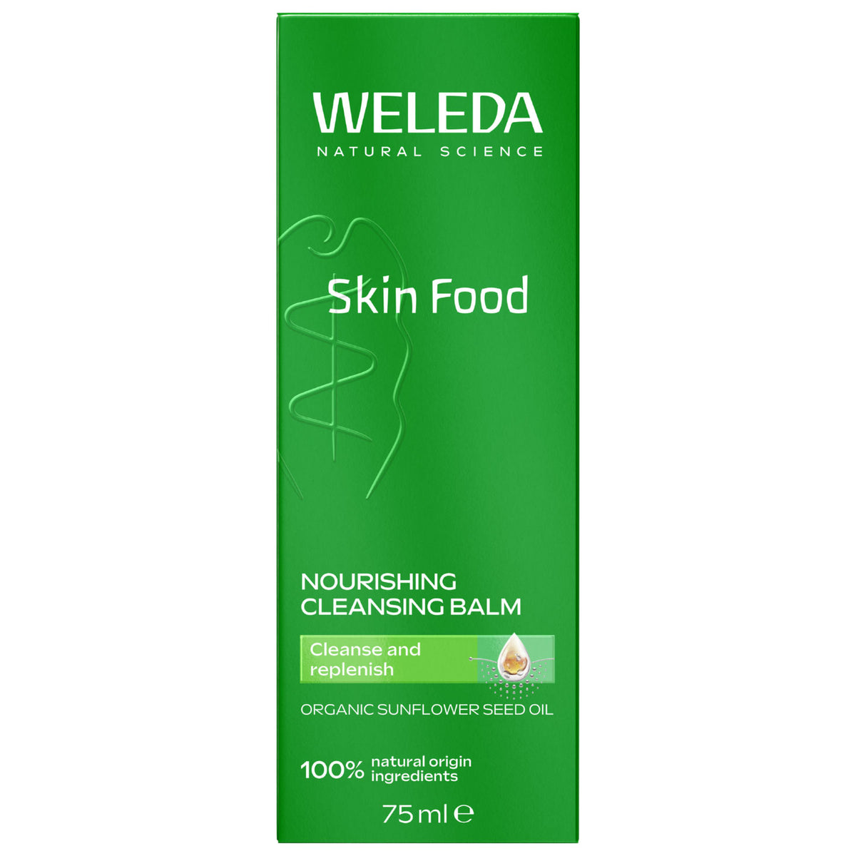 Weleda Skin Food Nourishing Cleansing Balm is in a Tall Green Box with white tex on a white background